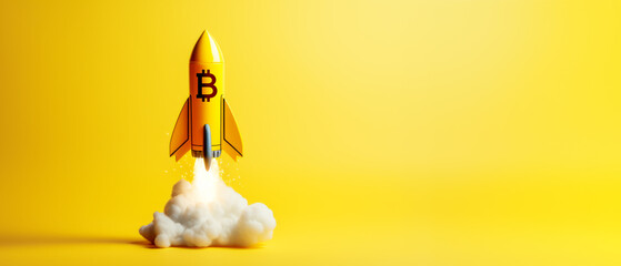 Bitcoin rocket launching on empty yellow background. Ai generative illustration