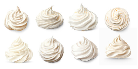 Collection of White Whiped cream on isolate transparency background, PNG