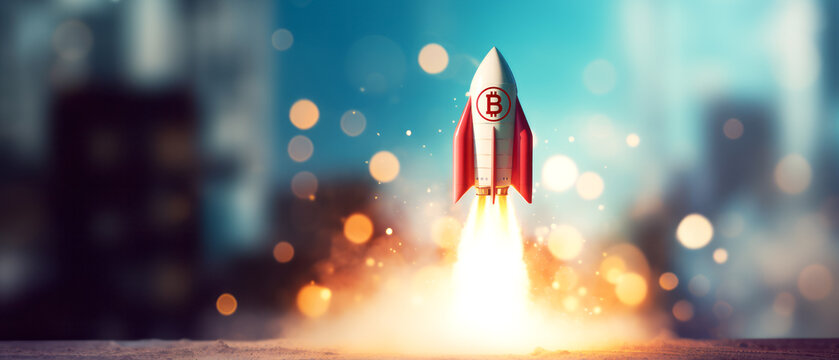 Bitcoin rocket flying on blurred background. Ai generative illustration