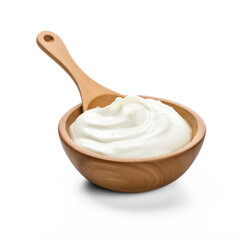 Wooden bowl of greek yogurt isolated on transparent background, Transparency

