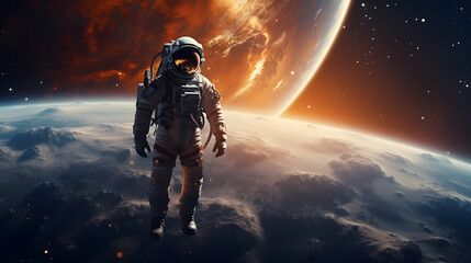 Astronaut Wearing Space Suit Walking On The Space