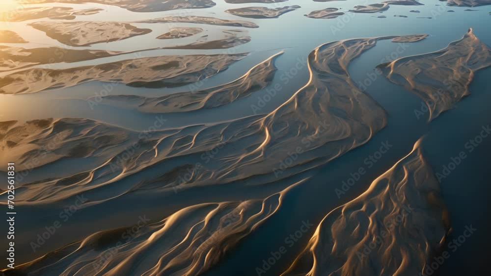 Poster a timelapse of a river delta shifting and changing shape over time, demonstrating the powerful force