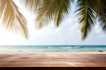 wood table, tropical beach background. mockup style, summer vacation background concept