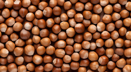 Up-close photo of a variety of ripe hazelnuts lling the frame, providing a natural texture ideal for food backgrounds or promoting healthy eating