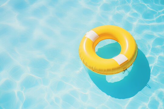 yellow swimming pool ring float in blue water. concept summer background, top view with copyspace
