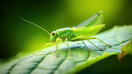 Fototapeta premium Tiny Grasshopper on a Green Leaf