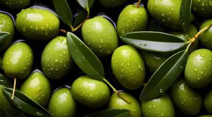 Fresh Green Olives Texture with Dew Drops