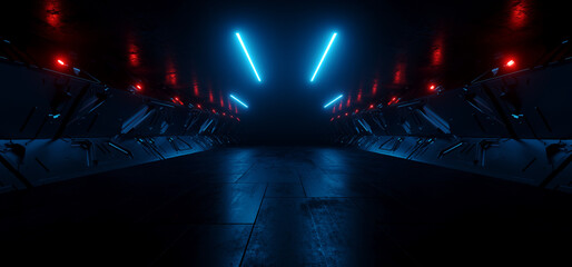 Futuristic Sci Fi Stage Parking Underground Spaceship Warehouse Concrete Cement Metal Structure Alien Tunnel Corridor Huge Room Neon Lasers Red Blue Lights Cyber Stage Showroom 3D Rendering - obrazy, fototapety, plakaty