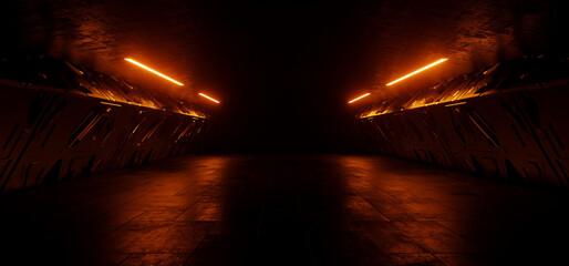 Sci Fi Futuristic Cyber Vibrant Orange Beams Neon Laser Lights On Dark Underground Tunnel Corridor Warehouse Garage Hangar Alien Spaceship Grunge Concrete TIles Realistic 3D Rendering © IM_VISUALS