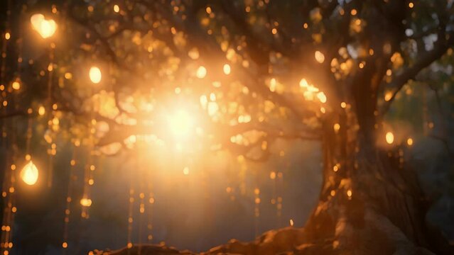 As the sun sets, a wondrous forest awakens, glowing with ling lights and a stunning podium of intertwined branches.