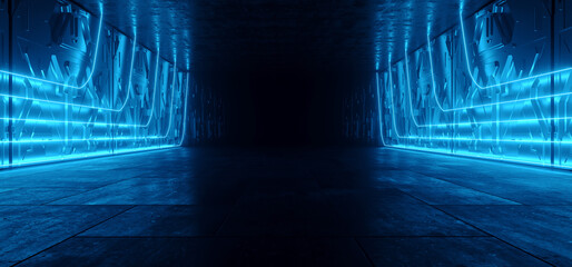 Sci Fi Futuristic Cyber Stage Vibrant Blue Wall Beams Neon Lasers On Dark Showroom Parking Tunnel Corridor Warehouse Garage Hangar Alien Spaceship Grunge Concrete Realistic 3D Rendering