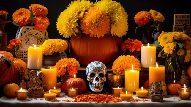 skull on a wooden table with candle in Dia de los Muertos Celebration