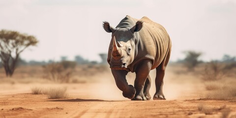 Rhino Stance on Savannah - obrazy, fototapety, plakaty