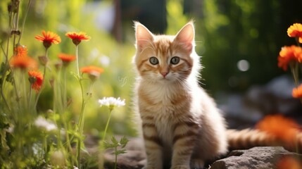 Naklejka na ściany i meble Innocent Fun in the Garden with a Kitten