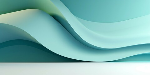 Obraz premium 抽象横長背景。淡い青緑の曲線的な壁と白い床がある立体的な空間