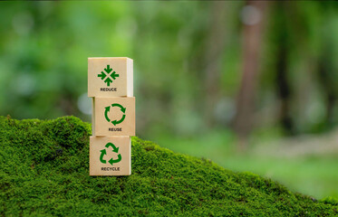 Words reduce reuse recycle on a wooden cube on green background. Ecology, sustainability, conscious...