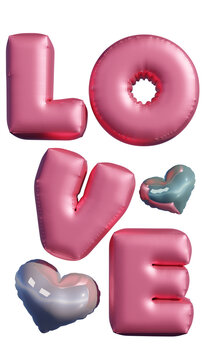 The vertical pink 3D illustration inflated text "LOVE" with glittery heart balloons on the transparent background. The isolated image in a 3D rendering suite for love and Valentine content.