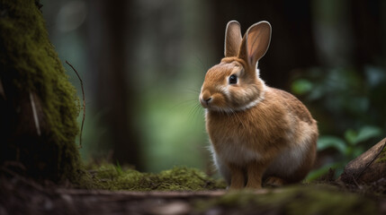 Naklejka na ściany i meble A wild orange Rabbit/bunny with big ears in a fresh green forest. AI Generative