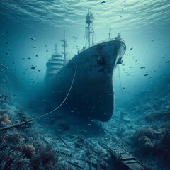 Ancient sunken destroyed ship wreck under water accident bermuda triangle anchored ship with debris rust algae cinematic deep ocean titanic scene drowned under arctic pacific antarctic ocean sea - obrazy, fototapety, plakaty