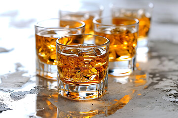 Varios vasos de whisky apilados en una mesa 