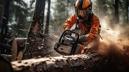 A chainsaw operator is preparing to cut a tree trunk, holding a big orange chainsaw. Protective equipment is used, such as helmet, pants and a vest. copy space for text. - obrazy, fototapety, plakaty