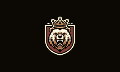 head bear angry wearing crown and shield vector logo design
