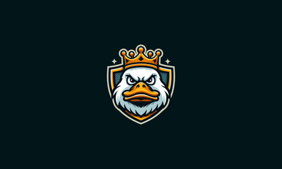 face duck wearing crown and shield vector logo design