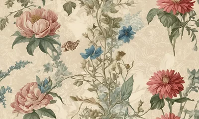 Fototapeten Embark on a journey where a beautiful fantasy vintage wallpaper takes center stage, featuring a delicate botanical flower bunch. © Zain