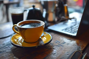 Foto op Aluminium Una taza de chocolate caliente  junto con una laptop en una mesa © Mprince