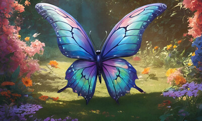 large stunningly beautiful fairy wings Fantasy abstract paint colorful butterfly sits on garden.The insect casts a shadow on nature