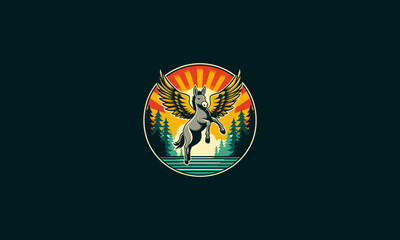 donkey on forest with wings vector logo flat design