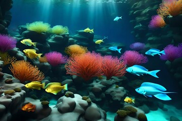 Imagine colorful coral reefs with water cascading down like a valley, and see fish swimming in groups along it - obrazy, fototapety, plakaty
