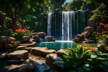 In a public nature park, there is an artificial waterfall where water cascades from rocks into a lake and is encircled by lush greenery, flowers, and trees - obrazy, fototapety, plakaty