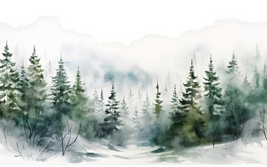 Misty Pine Forest Watercolor Landscape, A serene watercolor painting depicting a misty pine forest with subtle hues and soft textures