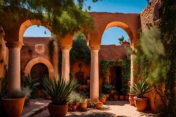 Large clay vases for ornamentation, pillars and arches supporting brick walls, tiny trees and greenery, and a lovely day in the backyard of an old hacienda