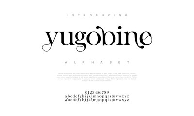 Yugobine premium luxury elegant alphabet letters and numbers. Elegant wedding typography classic serif font decorative vintage retro. Creative vector illustration