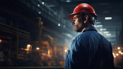  A stoic industry maintenance engineer donned in a uniform and safety hard hat, commands attention against the backdrop of a bustling factory station - obrazy, fototapety, plakaty