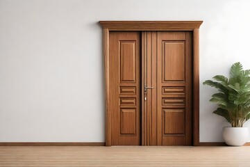 Wooden door on white walls