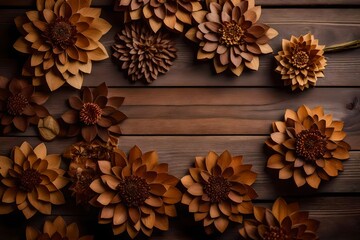 Naklejka na ściany i meble Wooden wall adorned with flowers. wedding day. Background of brown wood