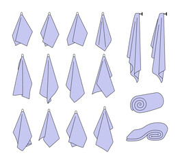 Hotel bath towel line icons.  Stacked textile fabric, fluffy roll for  bathroom and kitchen, vector illustration of folded and hanging towels for bathroom isolated on white background