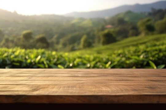 The empty wooden table top with blur background of tea plantation. Exuberant image. generative AI