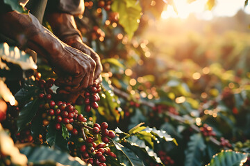  A male farmer harvests coffee beans on a plantation 1  - obrazy, fototapety, plakaty