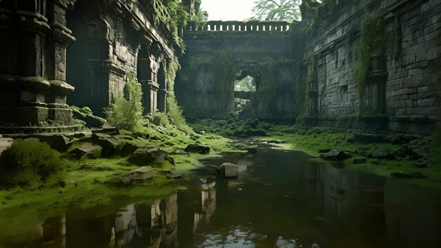 A murky pond lies eerily still reflecting an abandoned castle in its depths. Weeds have overtaken most of the stonework leaving only crumbling walls to mark the tomb of what once