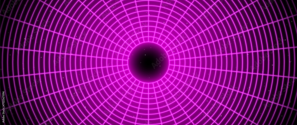 Poster Pink glowing wireframe tunnel. Neon wormhole in dark space with stars. Magenta grid tunnel in perspective. Funnel or portal illusion. Circular mesh structure tube. Vector optical illusion art