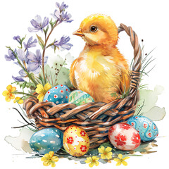 easter chicken on the basket watercolor illustration