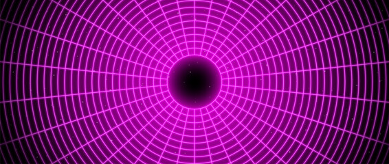 Pink glowing wireframe tunnel. Neon wormhole in dark space with stars. Magenta grid tunnel in perspective. Funnel or portal illusion. Circular mesh structure tube. Vector optical illusion art