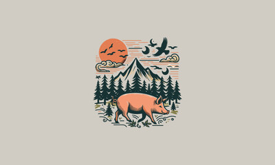boar on mountain forest vector flat design