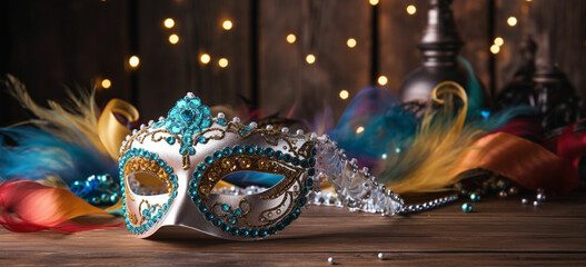 venetian carnival mask with sequins on wooden deskvenetian carnival mask with sequins on wooden desk - obrazy, fototapety, plakaty