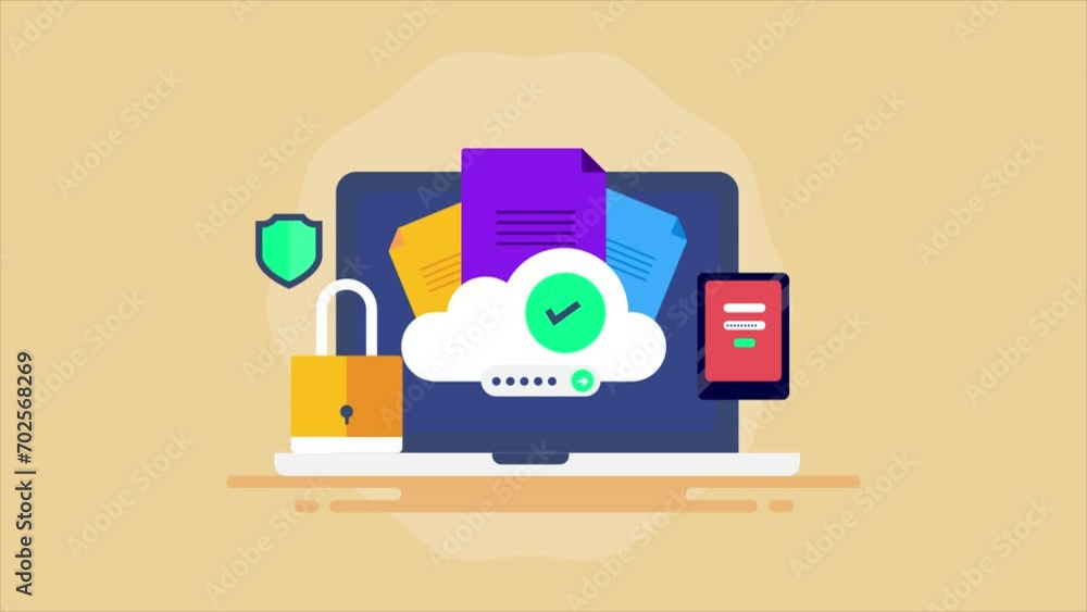 Aufkleber online storage and cloud security protects data from cyber-attack, hacking concept. shield and lock 