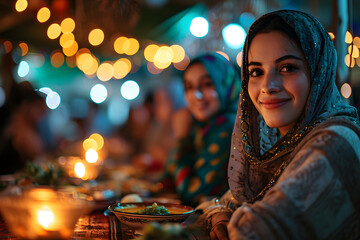 Arab Muslim women gather together during Ramadan with delicious dishes on the table. Iftar Dinner